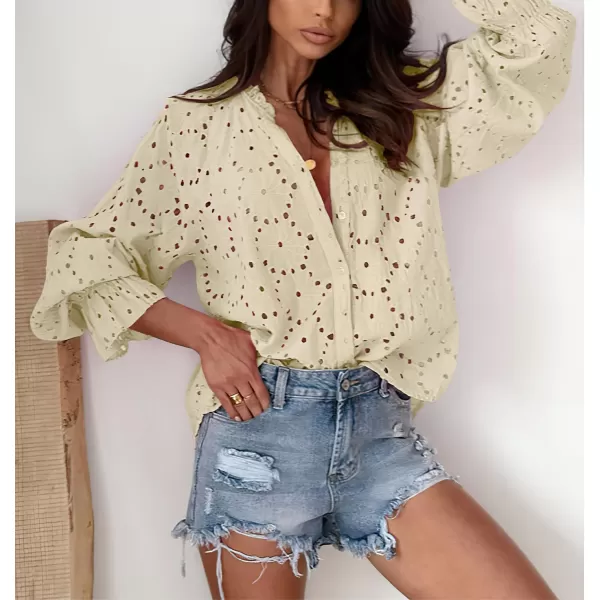 chouyatou Womens Boho Crochet Shirts Lantern Sleeve Button Down Lace Eyelet Blouse TopsBeige