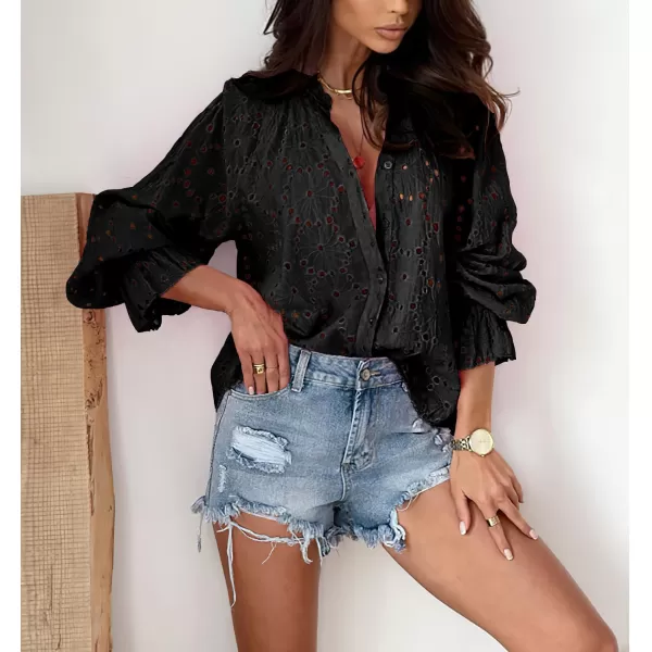 chouyatou Womens Boho Crochet Shirts Lantern Sleeve Button Down Lace Eyelet Blouse TopsBlack