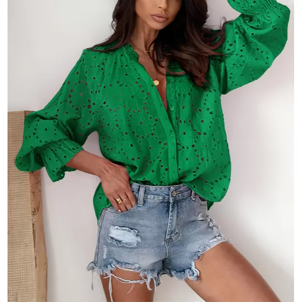 chouyatou Womens Boho Crochet Shirts Lantern Sleeve Button Down Lace Eyelet Blouse TopsGreen