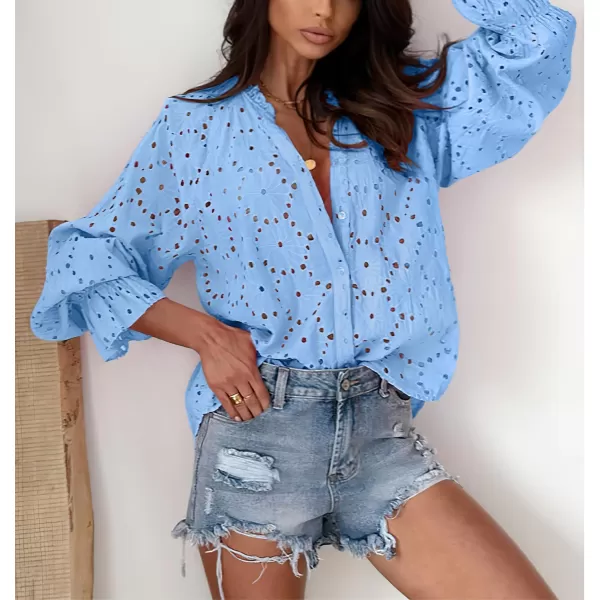 chouyatou Womens Boho Crochet Shirts Lantern Sleeve Button Down Lace Eyelet Blouse TopsLight Blue