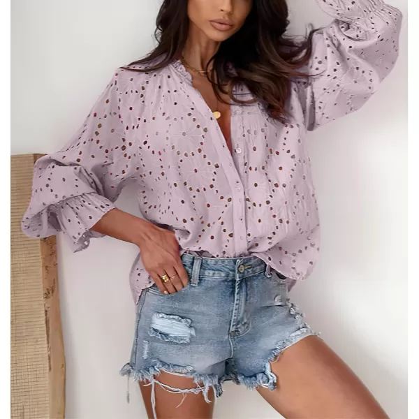 chouyatou Womens Boho Crochet Shirts Lantern Sleeve Button Down Lace Eyelet Blouse TopsLight Purple