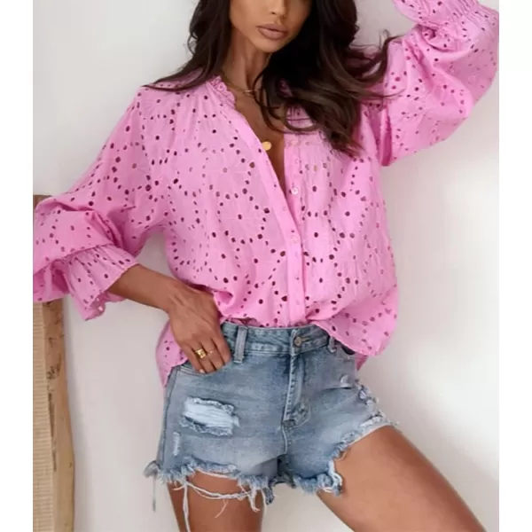 chouyatou Womens Boho Crochet Shirts Lantern Sleeve Button Down Lace Eyelet Blouse TopsPink