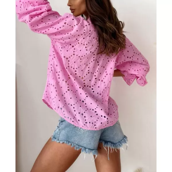 chouyatou Womens Boho Crochet Shirts Lantern Sleeve Button Down Lace Eyelet Blouse TopsPink