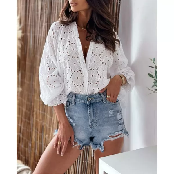 chouyatou Womens Boho Crochet Shirts Lantern Sleeve Button Down Lace Eyelet Blouse TopsWhite