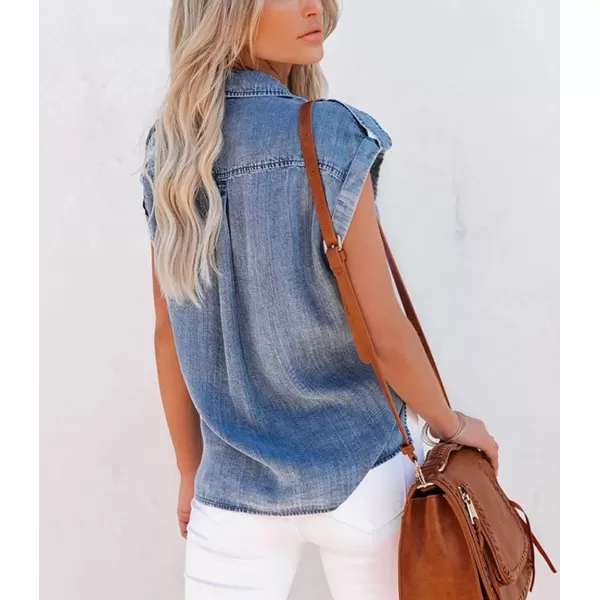 chouyatou Womens Casual Distressed Button Down Sleeveless Denim Jean Shirt TopsBlue
