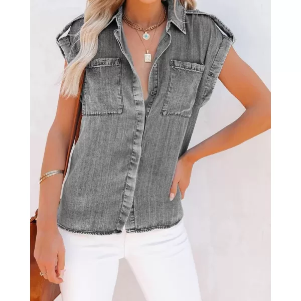 chouyatou Womens Casual Distressed Button Down Sleeveless Denim Jean Shirt TopsGrey