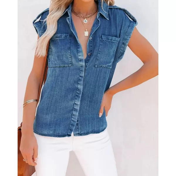 chouyatou Womens Casual Distressed Button Down Sleeveless Denim Jean Shirt TopsMedium Blue