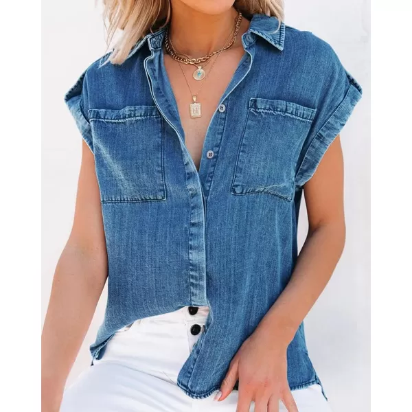 chouyatou Womens Casual Distressed Button Down Sleeveless Denim Jean Shirt TopsMedium Blue
