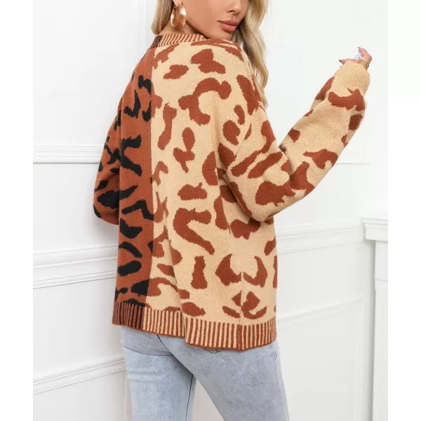 chouyatou Womens Color Block Leopard Print Button Down Long Sleeve Cardigan SweatersBrown