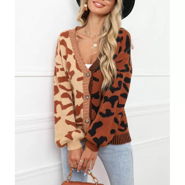 chouyatou Womens Color Block Leopard Print Button Down Long Sleeve Cardigan SweatersBrown