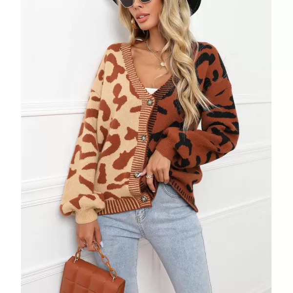 chouyatou Womens Color Block Leopard Print Button Down Long Sleeve Cardigan SweatersBrown
