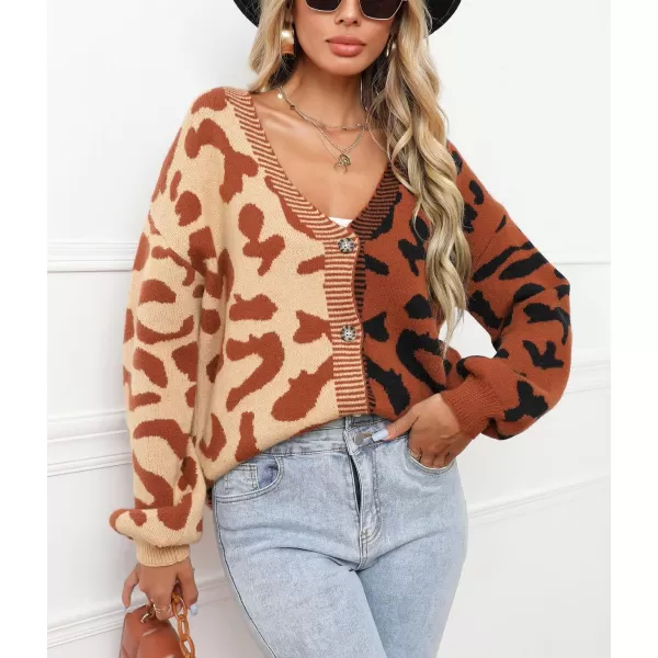 chouyatou Womens Color Block Leopard Print Button Down Long Sleeve Cardigan SweatersBrown