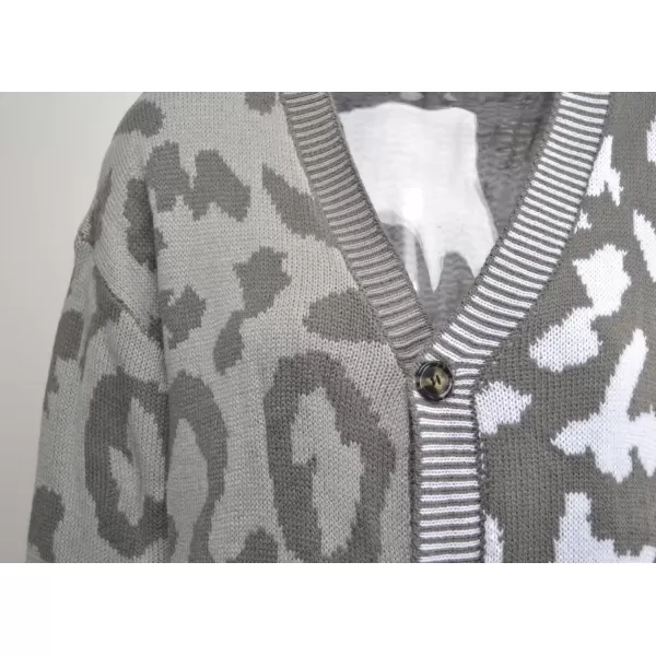 chouyatou Womens Color Block Leopard Print Button Down Long Sleeve Cardigan SweatersGray