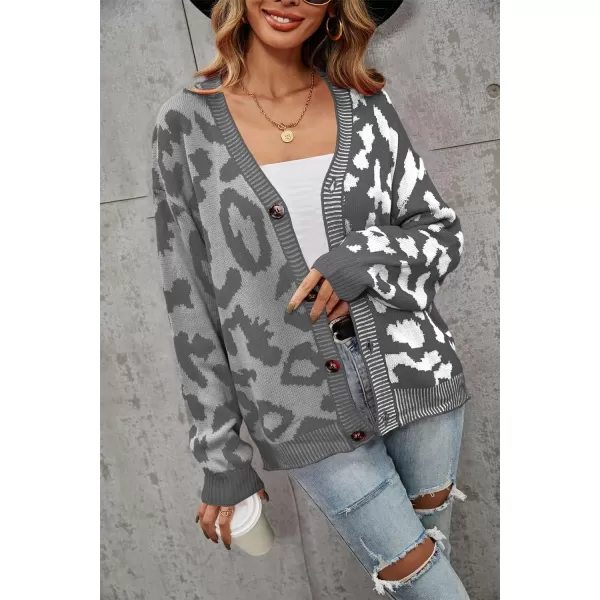 chouyatou Womens Color Block Leopard Print Button Down Long Sleeve Cardigan SweatersGray