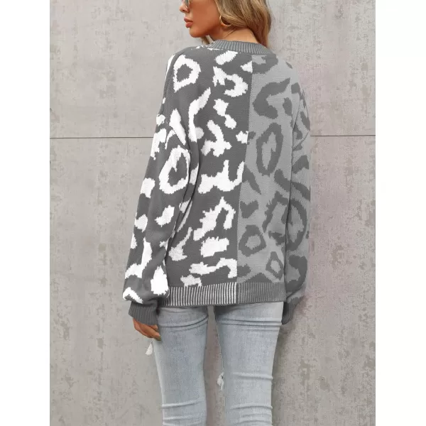 chouyatou Womens Color Block Leopard Print Button Down Long Sleeve Cardigan SweatersGray