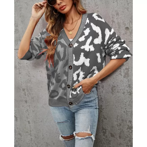 chouyatou Womens Color Block Leopard Print Button Down Long Sleeve Cardigan SweatersGray