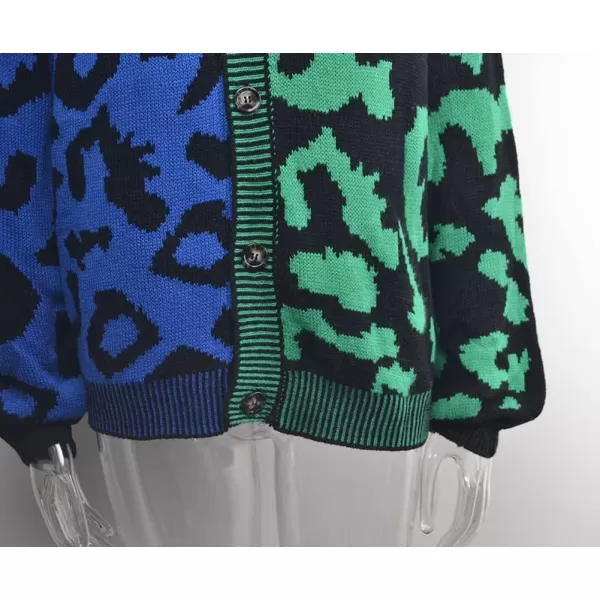 chouyatou Womens Color Block Leopard Print Button Down Long Sleeve Cardigan SweatersGreen
