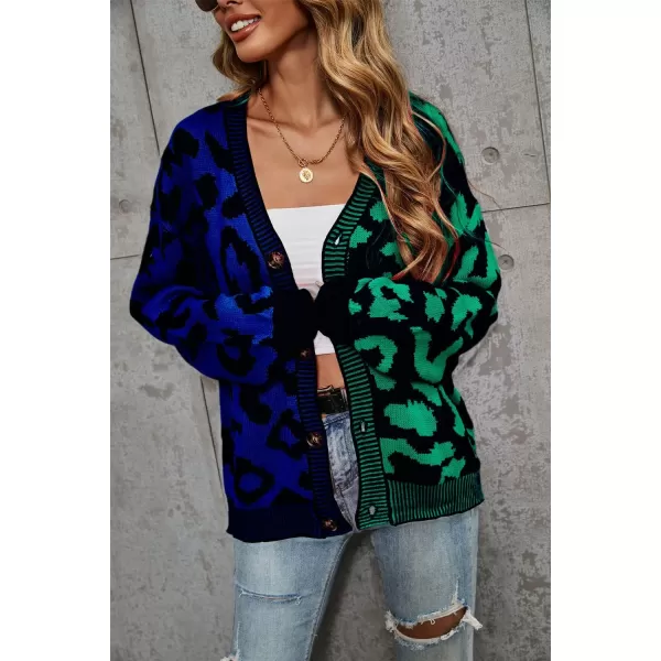 chouyatou Womens Color Block Leopard Print Button Down Long Sleeve Cardigan SweatersGreen