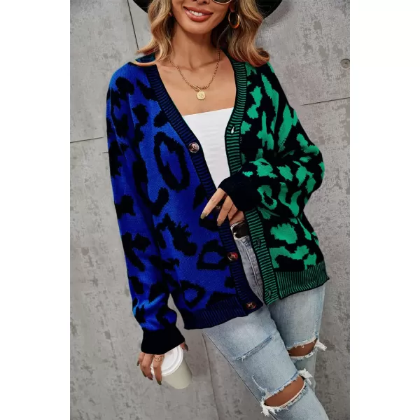 chouyatou Womens Color Block Leopard Print Button Down Long Sleeve Cardigan SweatersGreen