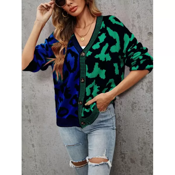 chouyatou Womens Color Block Leopard Print Button Down Long Sleeve Cardigan SweatersGreen