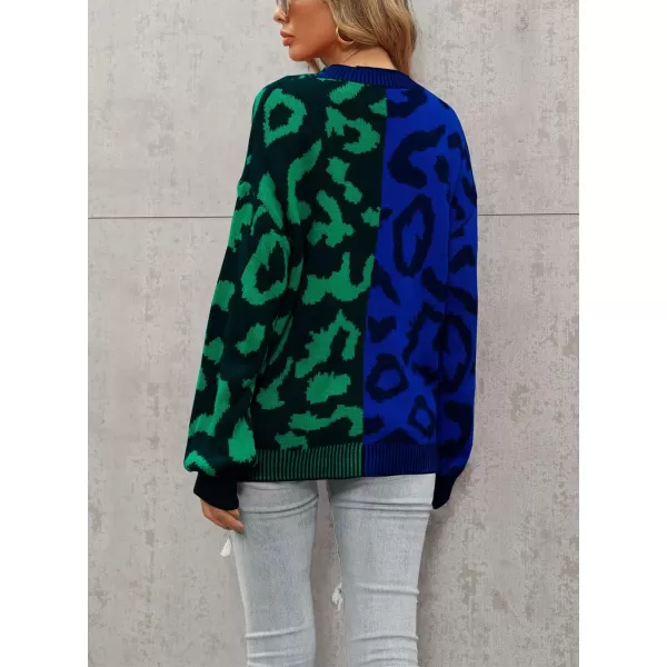 chouyatou Womens Color Block Leopard Print Button Down Long Sleeve Cardigan SweatersGreen