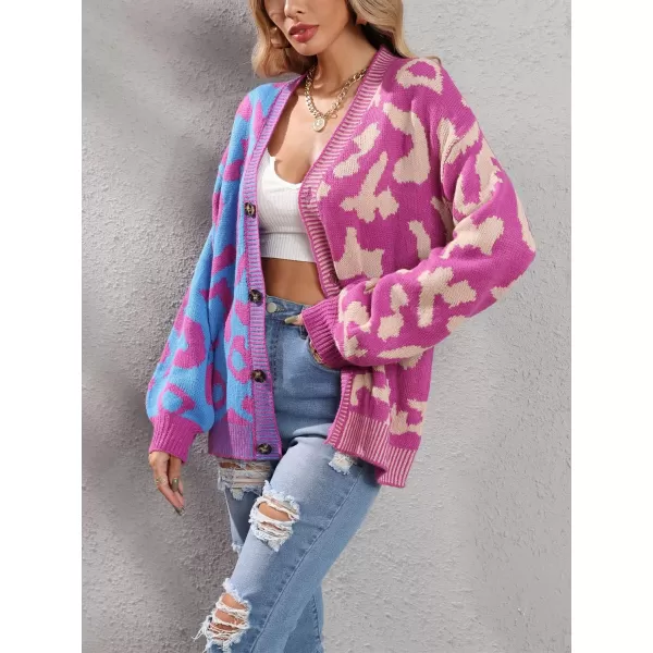 chouyatou Womens Color Block Leopard Print Button Down Long Sleeve Cardigan SweatersPurple