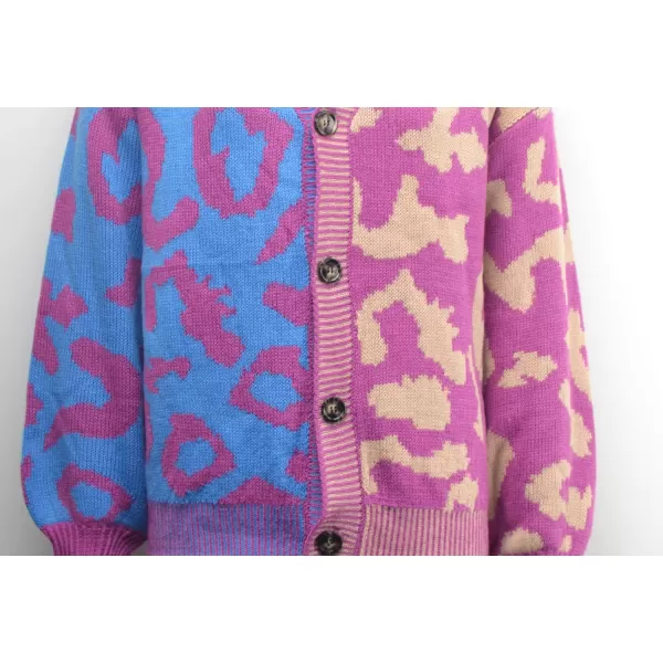 chouyatou Womens Color Block Leopard Print Button Down Long Sleeve Cardigan SweatersPurple