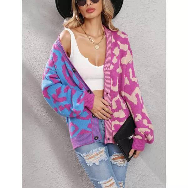 chouyatou Womens Color Block Leopard Print Button Down Long Sleeve Cardigan SweatersPurple