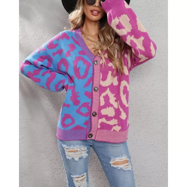 chouyatou Womens Color Block Leopard Print Button Down Long Sleeve Cardigan SweatersPurple