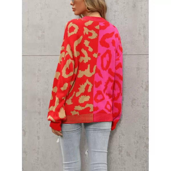 chouyatou Womens Color Block Leopard Print Button Down Long Sleeve Cardigan SweatersRose Red