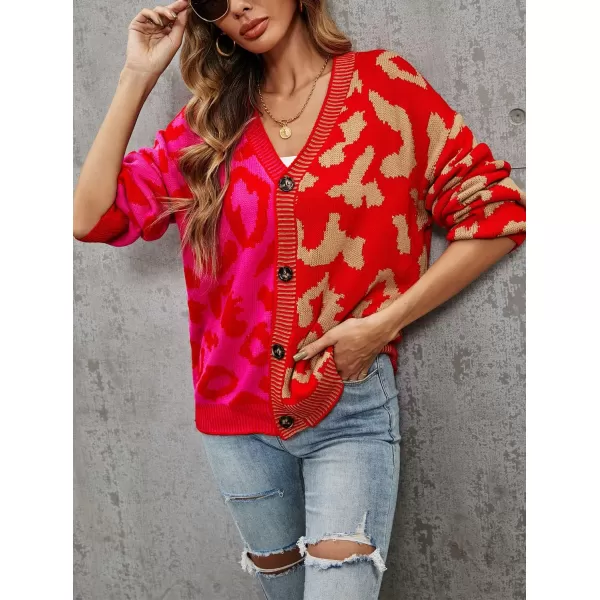 chouyatou Womens Color Block Leopard Print Button Down Long Sleeve Cardigan SweatersRose Red