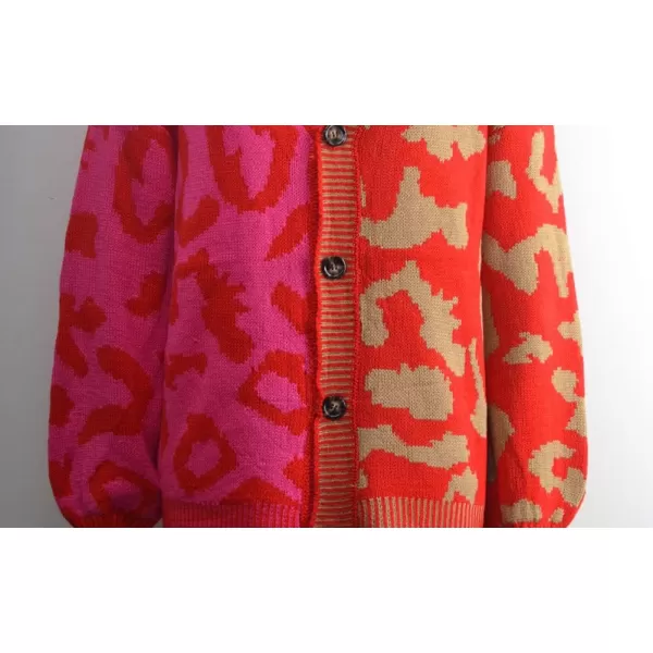 chouyatou Womens Color Block Leopard Print Button Down Long Sleeve Cardigan SweatersRose Red