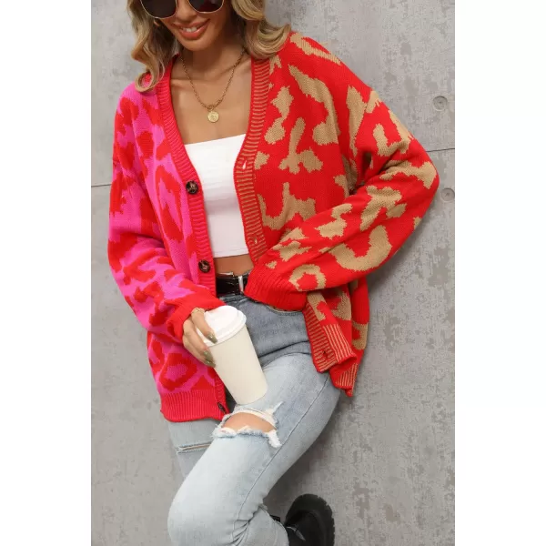 chouyatou Womens Color Block Leopard Print Button Down Long Sleeve Cardigan SweatersRose Red