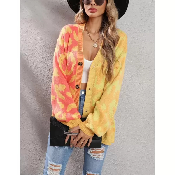 chouyatou Womens Color Block Leopard Print Button Down Long Sleeve Cardigan SweatersYellow