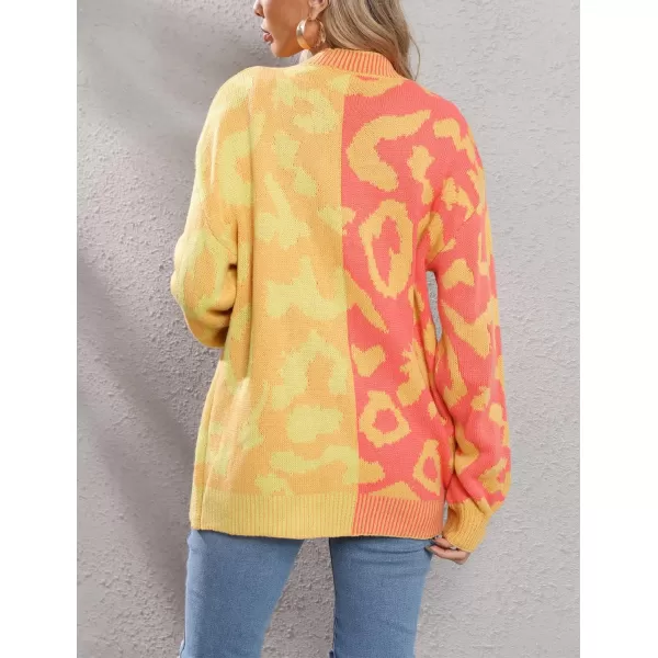 chouyatou Womens Color Block Leopard Print Button Down Long Sleeve Cardigan SweatersYellow