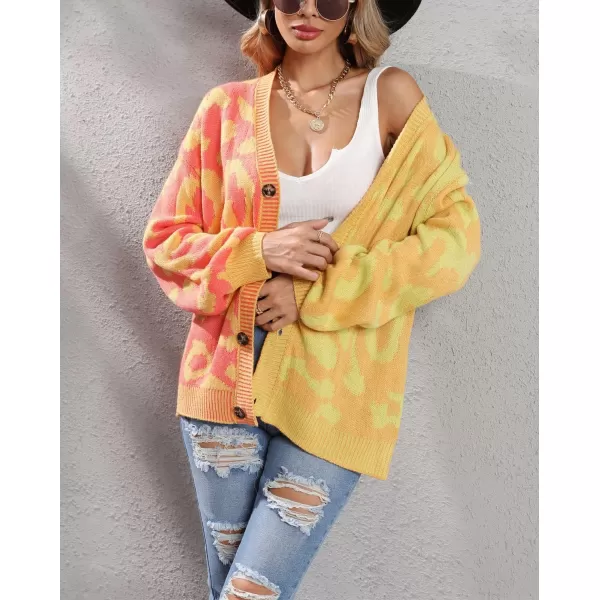 chouyatou Womens Color Block Leopard Print Button Down Long Sleeve Cardigan SweatersYellow