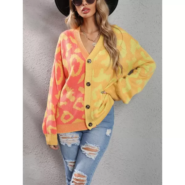 chouyatou Womens Color Block Leopard Print Button Down Long Sleeve Cardigan SweatersYellow