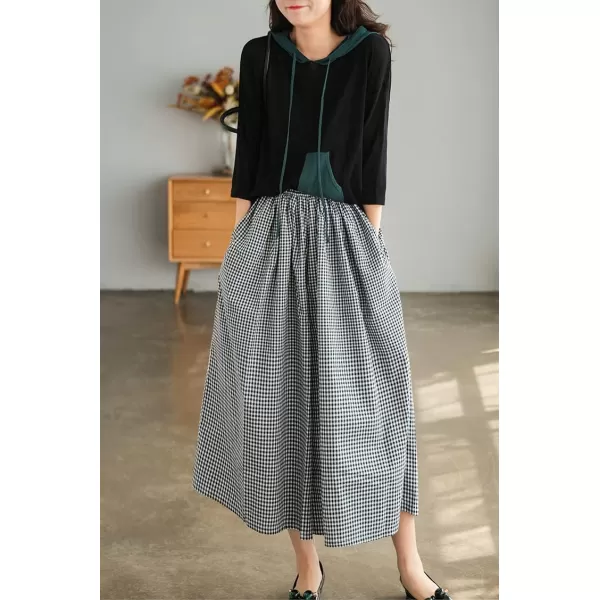 chouyatou Womens Cotton Linen Pants Elastic Waist Plaid Gingham Wide Leg Capri Palazzo PantsBlack Gingham