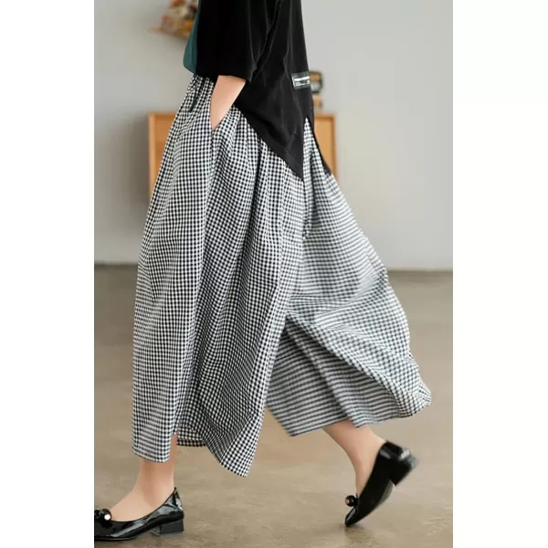chouyatou Womens Cotton Linen Pants Elastic Waist Plaid Gingham Wide Leg Capri Palazzo PantsBlack Gingham