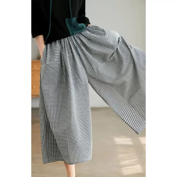 chouyatou Womens Cotton Linen Pants Elastic Waist Plaid Gingham Wide Leg Capri Palazzo PantsBlack Gingham