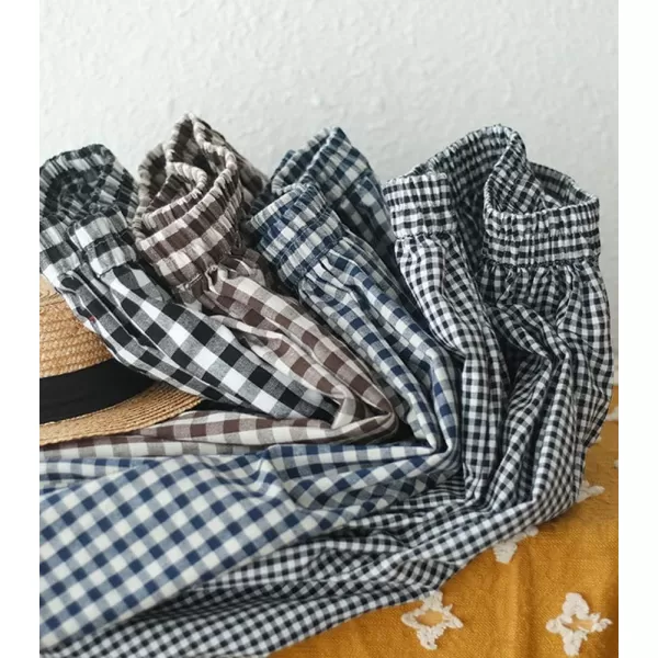 chouyatou Womens Cotton Linen Pants Elastic Waist Plaid Gingham Wide Leg Capri Palazzo PantsBlack Gingham