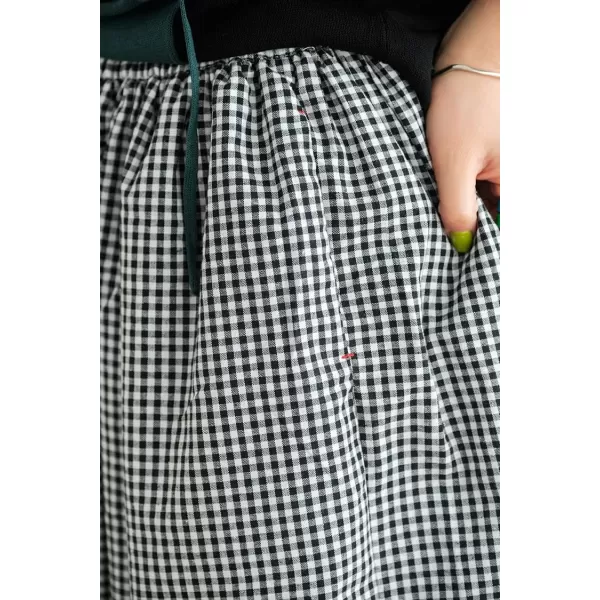 chouyatou Womens Cotton Linen Pants Elastic Waist Plaid Gingham Wide Leg Capri Palazzo PantsBlack Gingham
