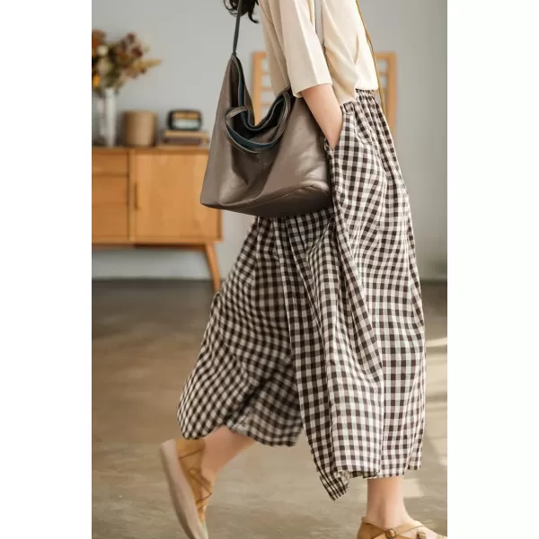 chouyatou Womens Cotton Linen Pants Elastic Waist Plaid Gingham Wide Leg Capri Palazzo PantsCoffee Brown