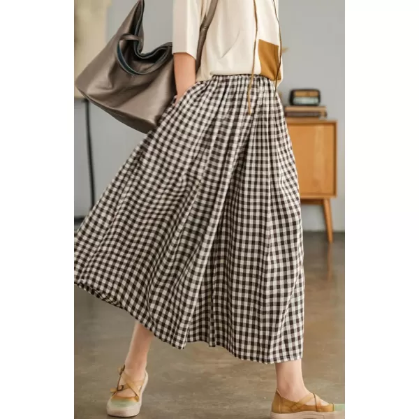 chouyatou Womens Cotton Linen Pants Elastic Waist Plaid Gingham Wide Leg Capri Palazzo PantsCoffee Brown