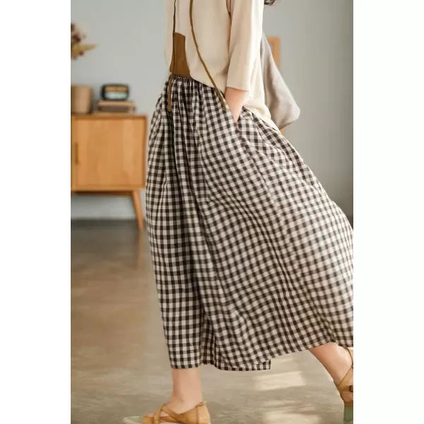 chouyatou Womens Cotton Linen Pants Elastic Waist Plaid Gingham Wide Leg Capri Palazzo PantsCoffee Brown