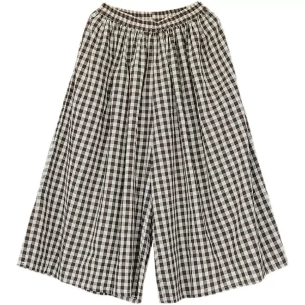chouyatou Womens Cotton Linen Pants Elastic Waist Plaid Gingham Wide Leg Capri Palazzo PantsCoffee Brown