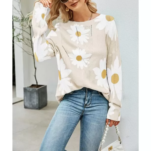 chouyatou Womens Crewneck Long Sleeve Floral Printed Knitted Sweater Pullover TopsApricot