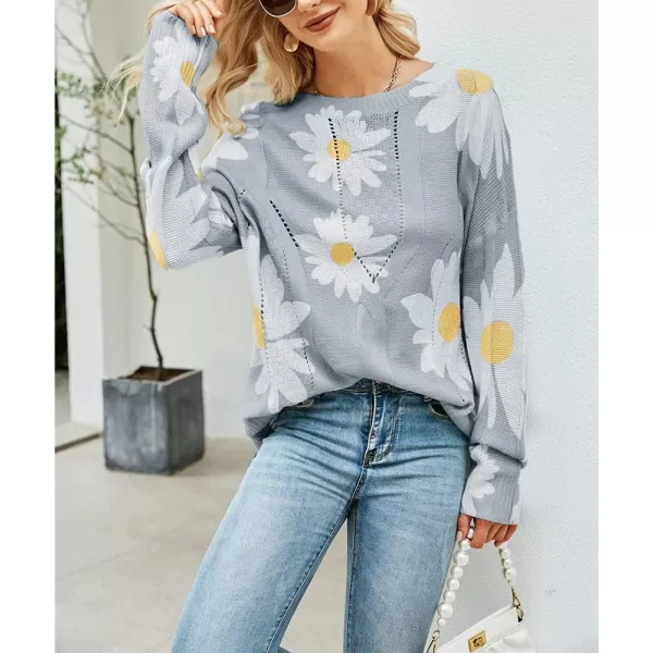 chouyatou Womens Crewneck Long Sleeve Floral Printed Knitted Sweater Pullover TopsGray