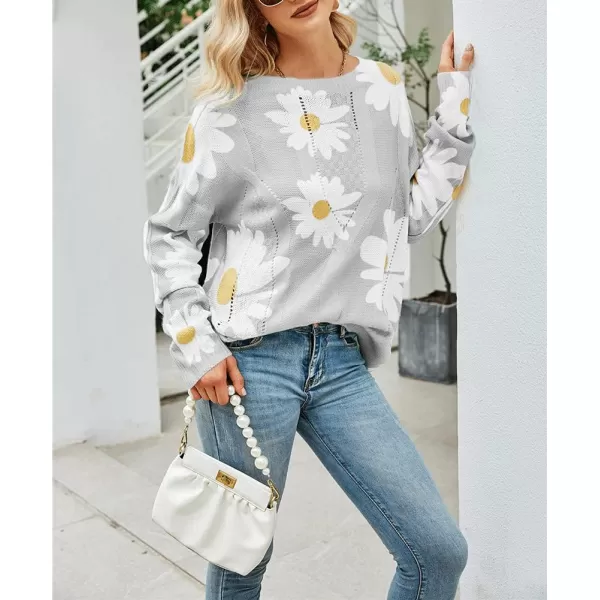 chouyatou Womens Crewneck Long Sleeve Floral Printed Knitted Sweater Pullover TopsGray