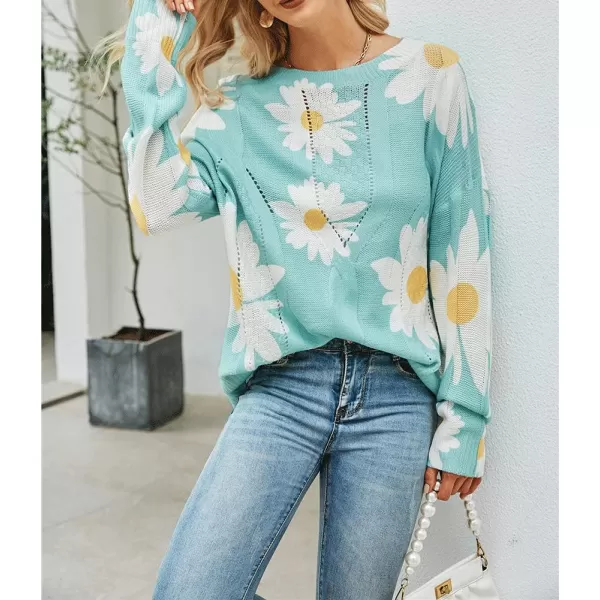 chouyatou Womens Crewneck Long Sleeve Floral Printed Knitted Sweater Pullover TopsGreen